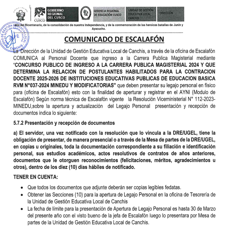 Comunicado - ESCALAFON CONCURSO PUBLICO DE INGRESO A LA CARRERA PUBLICA MAGISTERIAL 2024